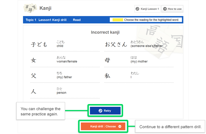 Kanji drill - Incorrect kanji